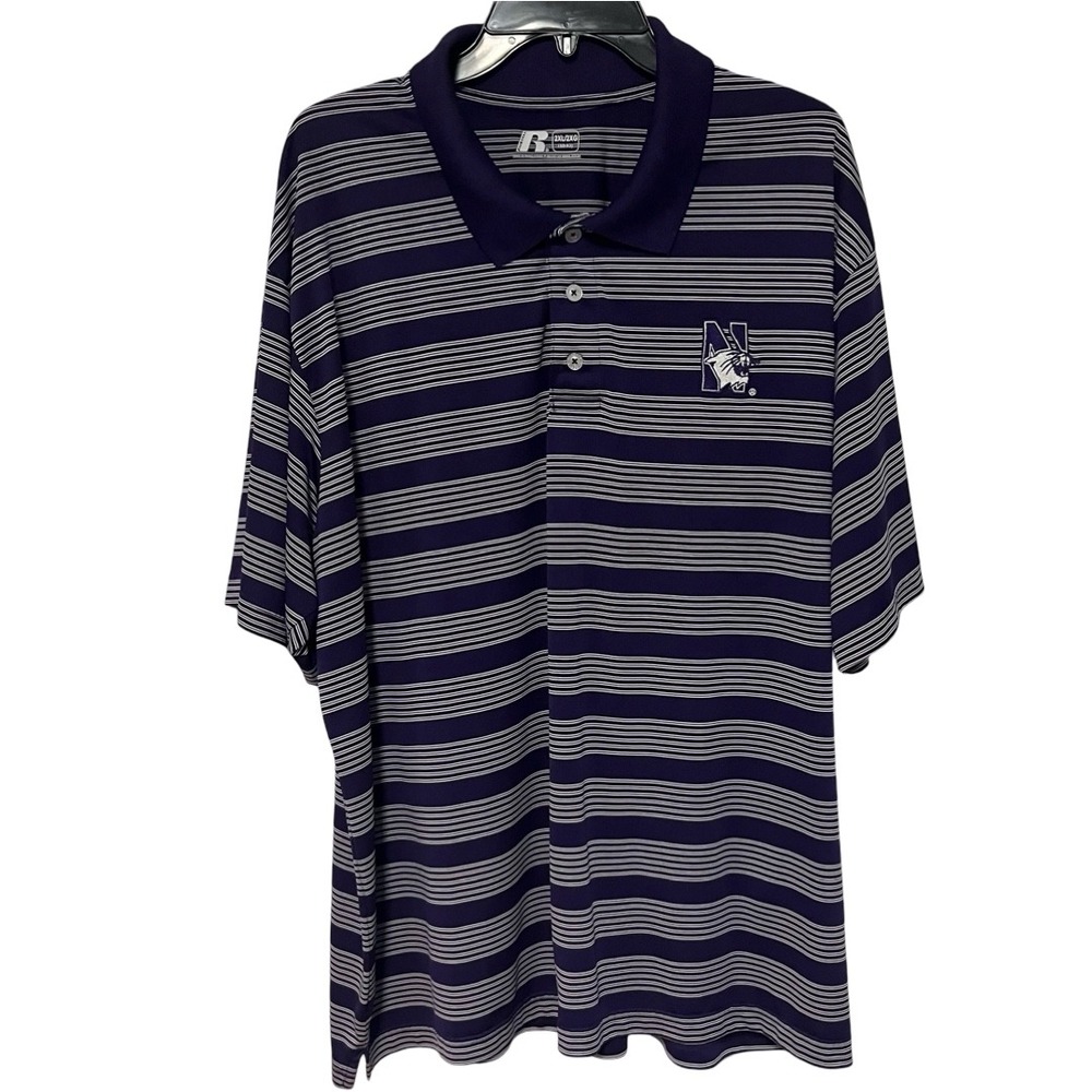 Russell Athletic Northwestern Wildcats Polo Shirt Mens 2XL Purple Striped NCAA